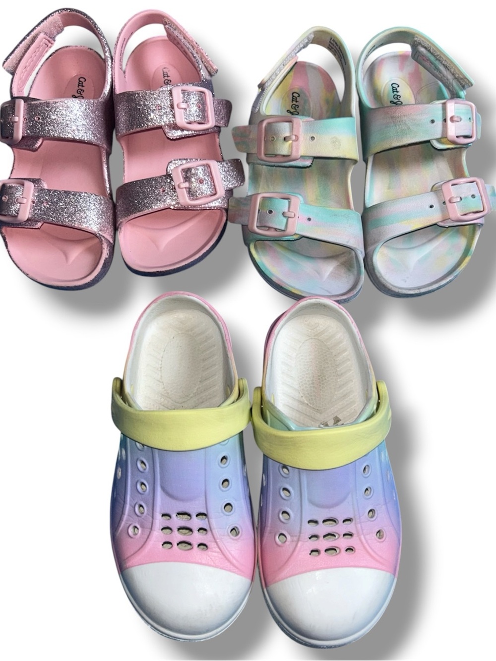 Toddler Pink Glitter Sandals, Pastel Tie-Dye Sandals & Ombre Pastel Clogs Size 9